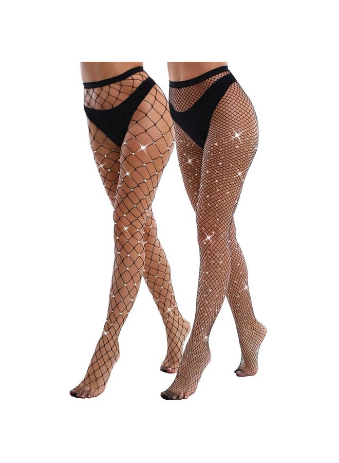 LAMAY 2 Pack Sparkly Large And Medium Mesh Fishnet Tights For Women Glitter Rhinestone Fishnets Stockings - Image 1