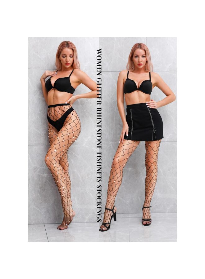 LAMAY 2 Pack Sparkly Large And Medium Mesh Fishnet Tights For Women Glitter Rhinestone Fishnets Stockings - Image 2