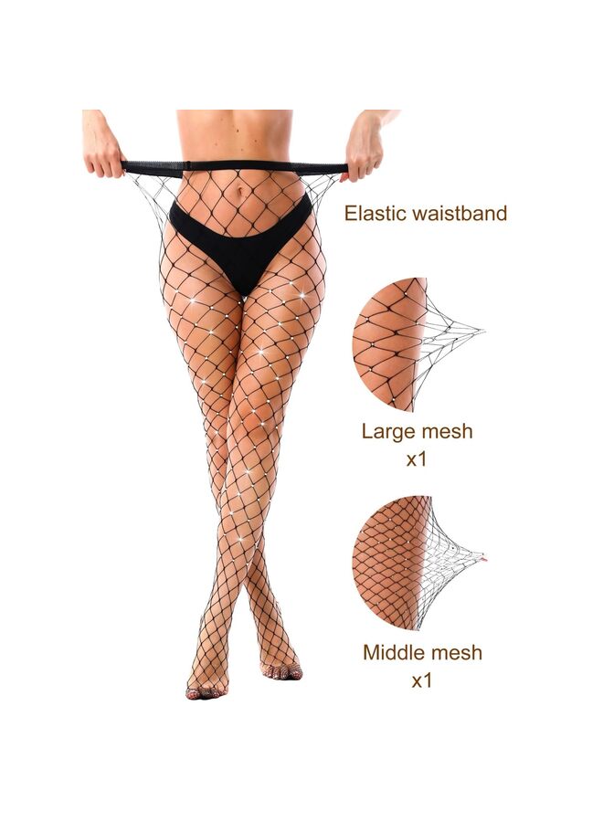 LAMAY 2 Pack Sparkly Large And Medium Mesh Fishnet Tights For Women Glitter Rhinestone Fishnets Stockings - Image 3