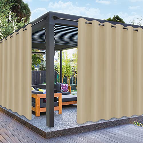 PureFit Outdoor Curtains for Patio Waterproof Weatherproof UV and Fade Resistant Outside Curtains for Gazebo Front Porch Pergola Sun Blocking Privacy Curtain 100W x 120L inch 1 Panel Beige