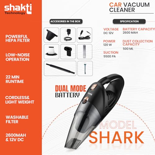Shakti Technology Shark Cordless Vacuum Cleaner for Car & Home 120W, 5500 PA Powerful Suction, 12V DC Car Port, High Power Portable Lightweight Wireless Vacuum, Rechargeable - Image 2