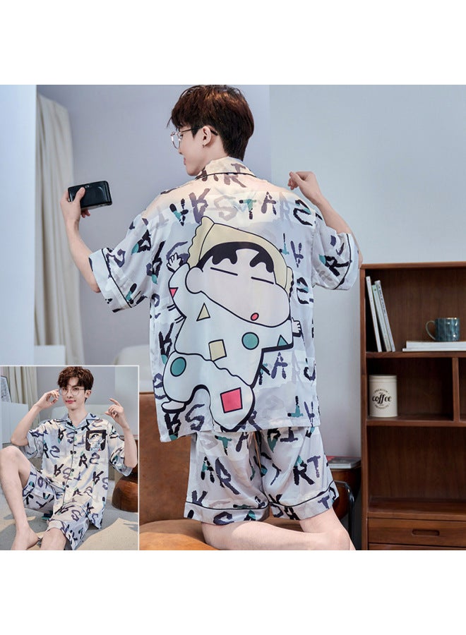 Pajamas Men's Summer Thin Ice Silk Simple Luxury Teenager Boys Korean Style Silk Short Sleeve Home Clothes Suit