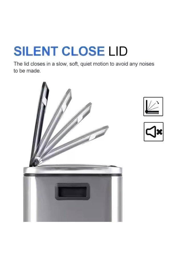 AKC سلة مهملات من الفولاذ المقاوم للصدأ بسعة 30 لتر - قسمين 15 لتر لكل منهما لإعادة التدوير والنفايات - غطاء يغلق برفق، مقاوم لبصمات الأصابع، قاعدة مضادة للانزلاق - للاستخدام في المطبخ، المكتب، والمطعم - Image 4