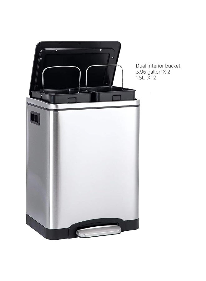 AKC سلة مهملات من الفولاذ المقاوم للصدأ بسعة 30 لتر - قسمين 15 لتر لكل منهما لإعادة التدوير والنفايات - غطاء يغلق برفق، مقاوم لبصمات الأصابع، قاعدة مضادة للانزلاق - للاستخدام في المطبخ، المكتب، والمطعم - Image 3