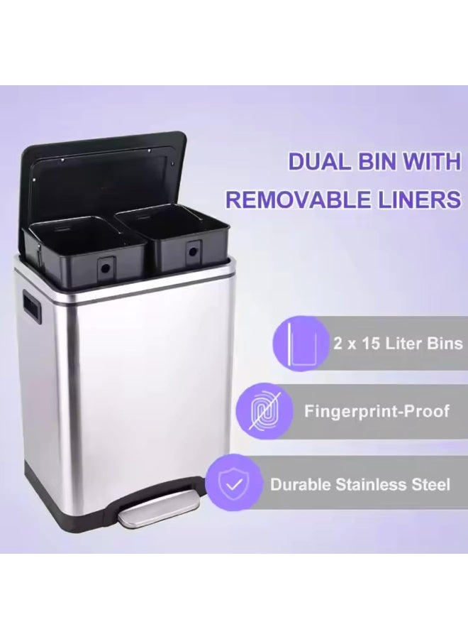 AKC سلة مهملات من الفولاذ المقاوم للصدأ بسعة 30 لتر - قسمين 15 لتر لكل منهما لإعادة التدوير والنفايات - غطاء يغلق برفق، مقاوم لبصمات الأصابع، قاعدة مضادة للانزلاق - للاستخدام في المطبخ، المكتب، والمطعم - Image 2