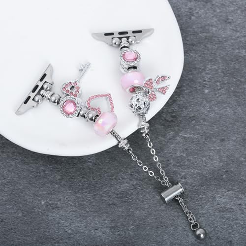 INSYOHO Bling Band Compatible with Apple Watch 38mm 40mm 41mm 42mm for Women, Sparkly Charm Bracelet Band with Adjustable Chain for iWatch Series 10 9 8 7 6 5 4 3 2 1 SE Ultra, Silver-Pink - Image 2