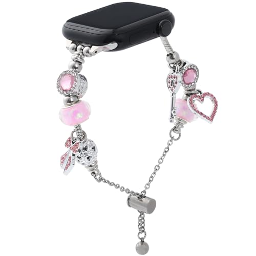 INSYOHO Bling Band Compatible with Apple Watch 38mm 40mm 41mm 42mm for Women, Sparkly Charm Bracelet Band with Adjustable Chain for iWatch Series 10 9 8 7 6 5 4 3 2 1 SE Ultra, Silver-Pink - Image 1