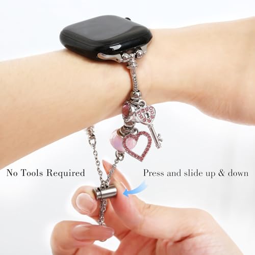 INSYOHO Bling Band Compatible with Apple Watch 38mm 40mm 41mm 42mm for Women, Sparkly Charm Bracelet Band with Adjustable Chain for iWatch Series 10 9 8 7 6 5 4 3 2 1 SE Ultra, Silver-Pink - Image 5