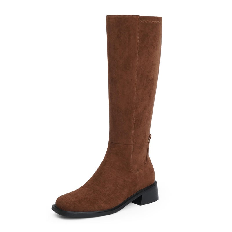 QIY Brown Tall Boots for Women Knee High Brown Heel Boots No Heel Riding Square Toe Dress Flat Suede Heeled Fall 2025 Chunky Long Boot Size 8.5 - Image 1
