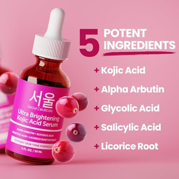SeoulCeuticals Korean Skin Care Kojic Acid Serum Alpha Arbutin – Dark Spot Remover Corrector Glycolic Acid + Salicylic Acid K Beauty 1oz - Image 3