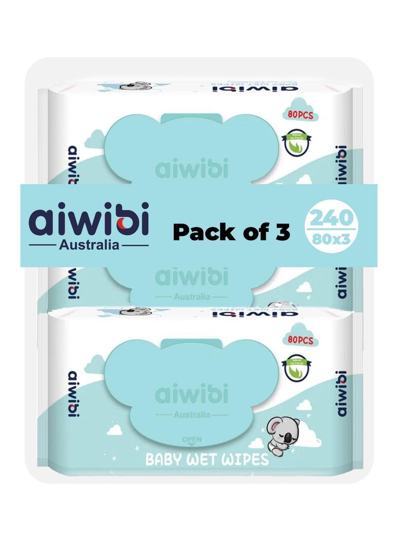 aiwibi 100% Skin-friendly Baby Wet Wipes Pack Of 3 (240 Pcs) 80 Sheets Each- Baby Wipes Ultra-Soft Wet Wipes - Paraben & Alcohol Free for Sensitive Skin Diapers Wipes (240 PCS, Natural Tea Tree Oil) - Image 1