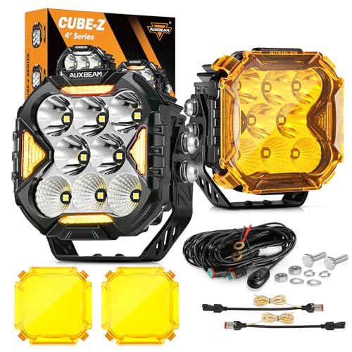 Auxbeam Cube-Z Series 4" Led Pods Lights with Amber Covers, 112W 12800LM Flood Spot Combo Offroad Driving Lights with DRL Turn Signal, Cube Ditch Light with DT Wiring Harness for Jeep ATV UTV, Pair - Image 1