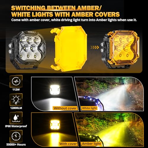 Auxbeam Cube-Z Series 4" Led Pods Lights with Amber Covers, 112W 12800LM Flood Spot Combo Offroad Driving Lights with DRL Turn Signal, Cube Ditch Light with DT Wiring Harness for Jeep ATV UTV, Pair - Image 5