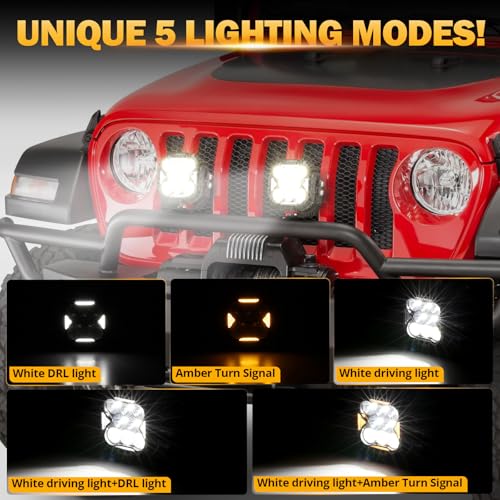 Auxbeam Cube-Z Series 4" Led Pods Lights with Amber Covers, 112W 12800LM Flood Spot Combo Offroad Driving Lights with DRL Turn Signal, Cube Ditch Light with DT Wiring Harness for Jeep ATV UTV, Pair - Image 3