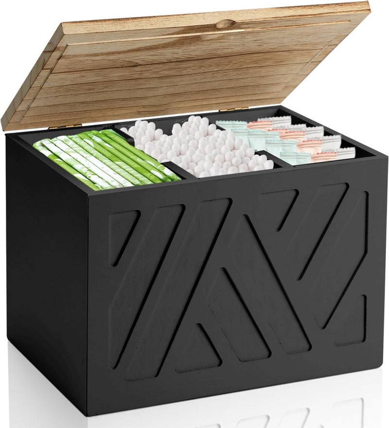 MROUEN Tampon Holder for Bathroom, Feminine Product Organizer, Pad Organize Case with Lid, Shark Week Wooden Tampon Storage Decor, Lady Girl Stuff Box for Toilet Bathroom Accessories- Black - Image 1