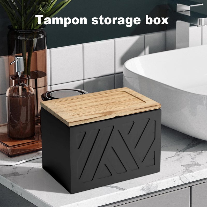 MROUEN Tampon Holder for Bathroom, Feminine Product Organizer, Pad Organize Case with Lid, Shark Week Wooden Tampon Storage Decor, Lady Girl Stuff Box for Toilet Bathroom Accessories- Black - Image 2