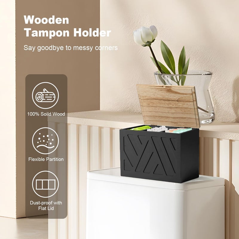 MROUEN Tampon Holder for Bathroom, Feminine Product Organizer, Pad Organize Case with Lid, Shark Week Wooden Tampon Storage Decor, Lady Girl Stuff Box for Toilet Bathroom Accessories- Black - Image 3