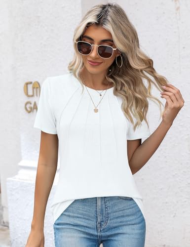 Kistore قمصان صيفية للنساء من كستور بأكمام قصيرة وياقة دائرية مزينة بالثنيات باللون الأبيض للنساء ملابس عصرية L - Image 4