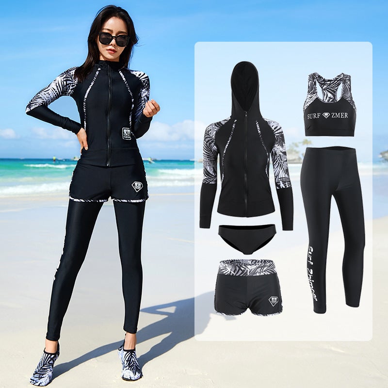 Generic Factory wholesale diving suit suit snorkeling suit surfing jellyfish suit sun protection couple long sleeve long pants split swimming suit Black (Women's five-piece)