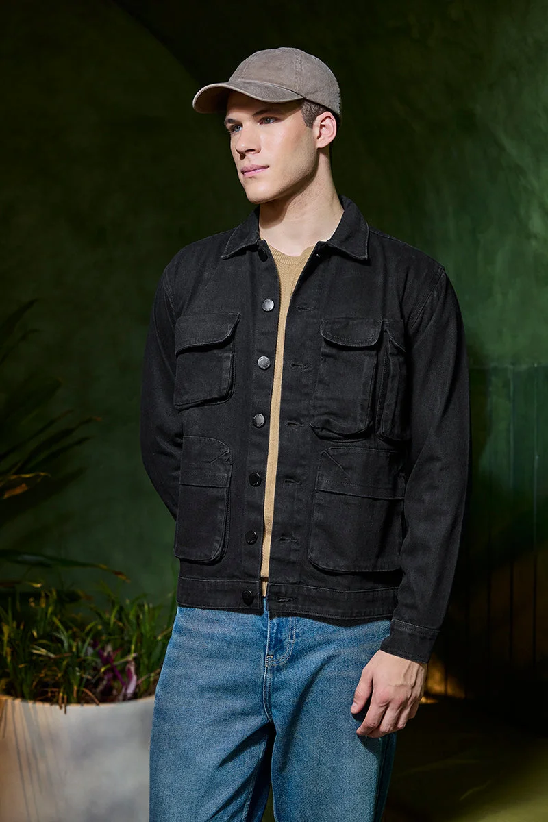 سنيتش Black Solid Long Sleeve Relaxed Streetwear Jacket