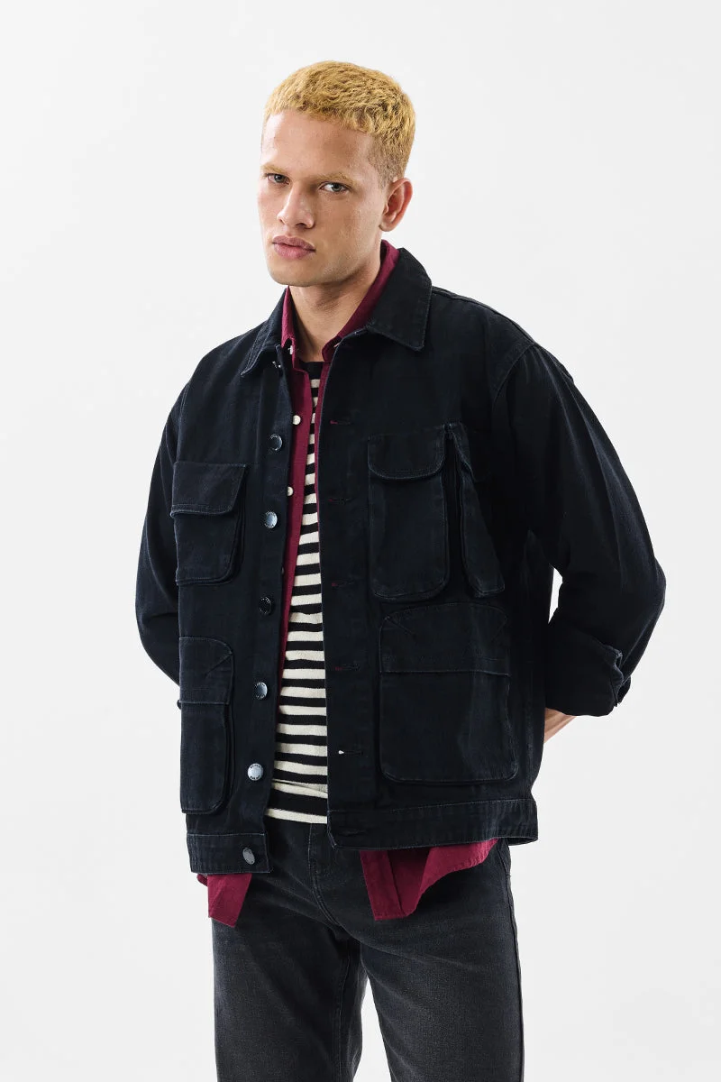 سنيتش Black Solid Long Sleeve Relaxed Streetwear Jacket