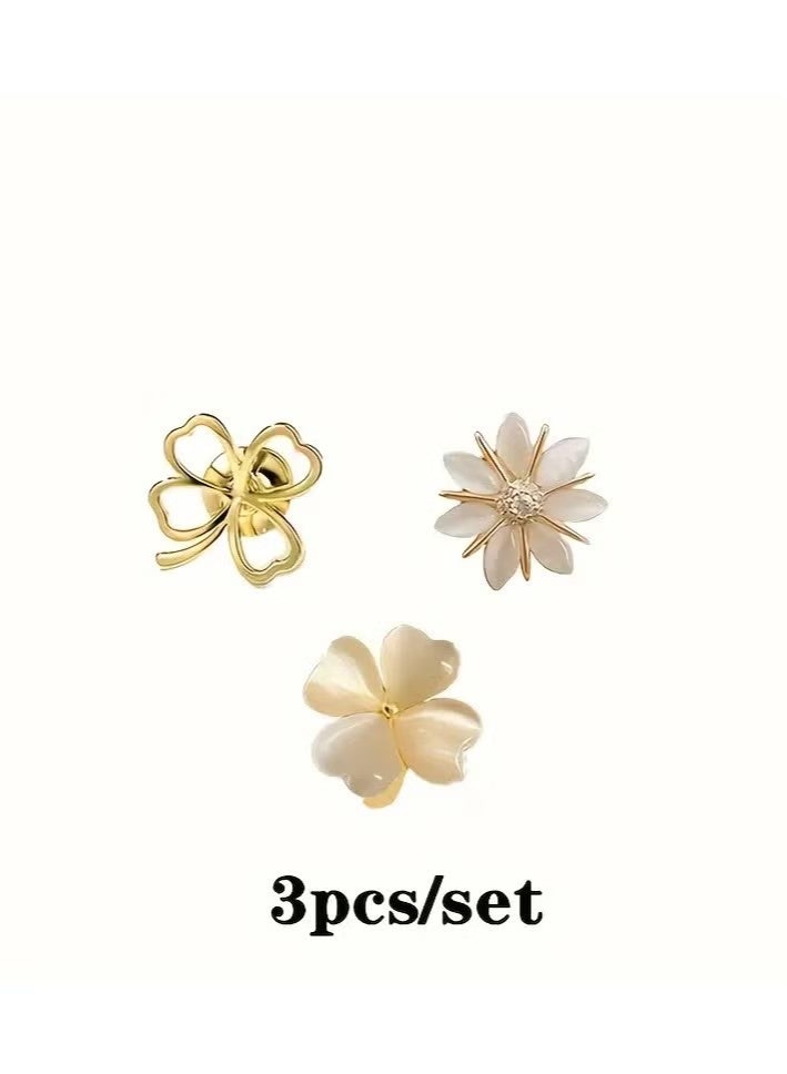 3pcs set of Women's fashionable flower brooches, cat's eye stone metal collar pin, Women's cute shirt imitation see-through pin - Image 2