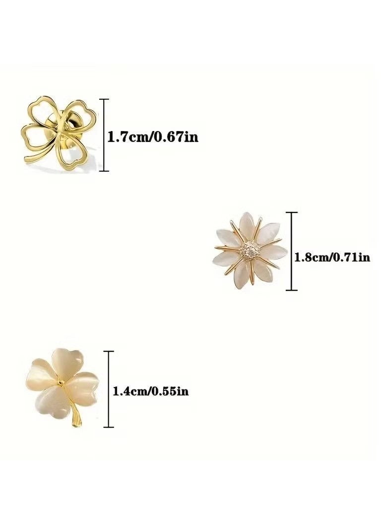 3pcs set of Women's fashionable flower brooches, cat's eye stone metal collar pin, Women's cute shirt imitation see-through pin - Image 3