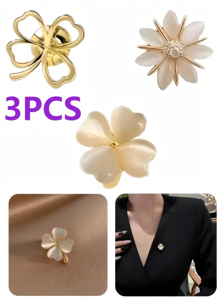 3pcs set of Women's fashionable flower brooches, cat's eye stone metal collar pin, Women's cute shirt imitation see-through pin - Image 1