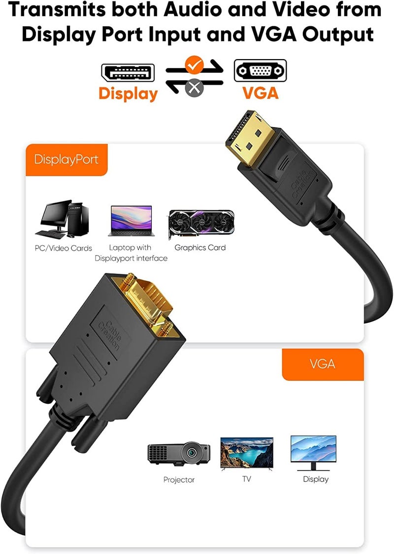 CableCreation 6ft DP to VGA Cable, Black, Supports 1080P@60Hz, Connects DisplayPort Devices to VGA Monitors, Displays, or Projectors - Image 4
