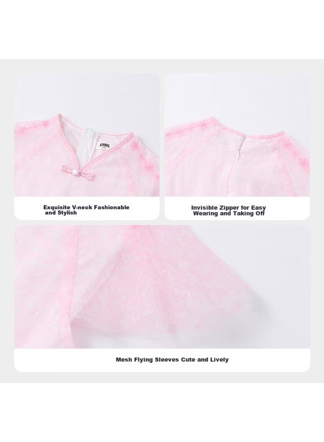 Annil Children's Clothing, Girls' Short-sleeve Dress, Summer New Style, New Chinese-style, Solid Color, Mesh, Sweet, Lightweight Dress - Image 2