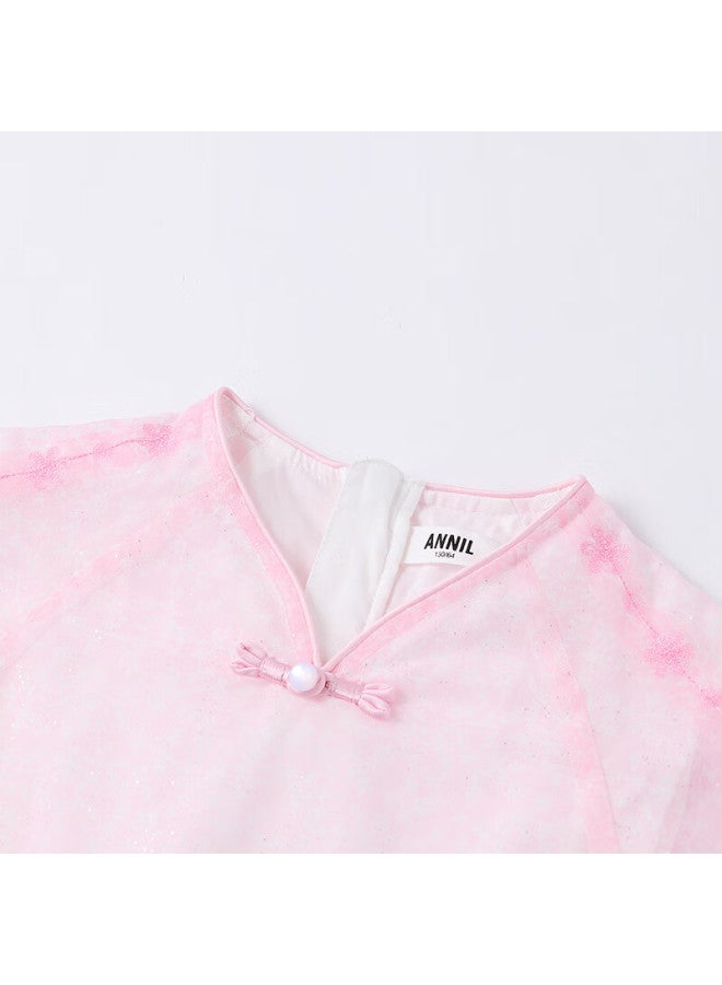 Annil Children's Clothing, Girls' Short-sleeve Dress, Summer New Style, New Chinese-style, Solid Color, Mesh, Sweet, Lightweight Dress - Image 4