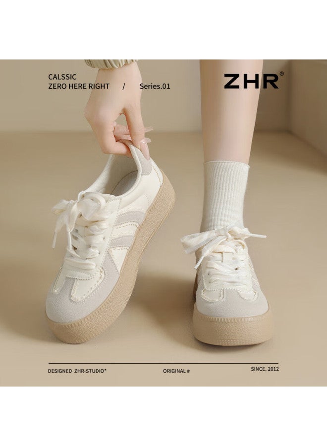 Zhr Dexun Women's Lace-up Thick-soled Heightening Casual Shoes, Versatile Sports Shoes For Women, Ks63, Beige, Size 38 - Image 1