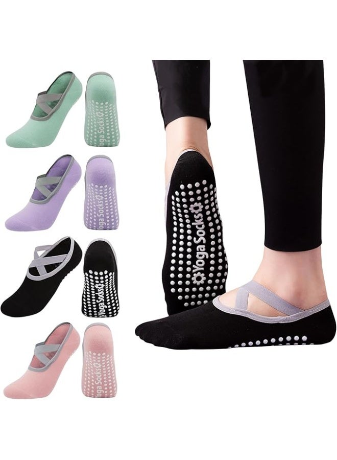 KCDMBUE 4 Pairs Non-Slip Yoga Socks with Straps, Cotton Grip Socks for Women, Pilates Socks for Ballet, Barre, Dance, Workout, Fitness, Barefoot Exercise, Sweat Absorbing (Style 2) - Image 1