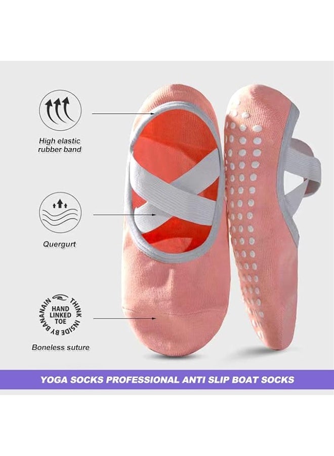 KCDMBUE 4 Pairs Non-Slip Yoga Socks with Straps, Cotton Grip Socks for Women, Pilates Socks for Ballet, Barre, Dance, Workout, Fitness, Barefoot Exercise, Sweat Absorbing (Style 2) - Image 3