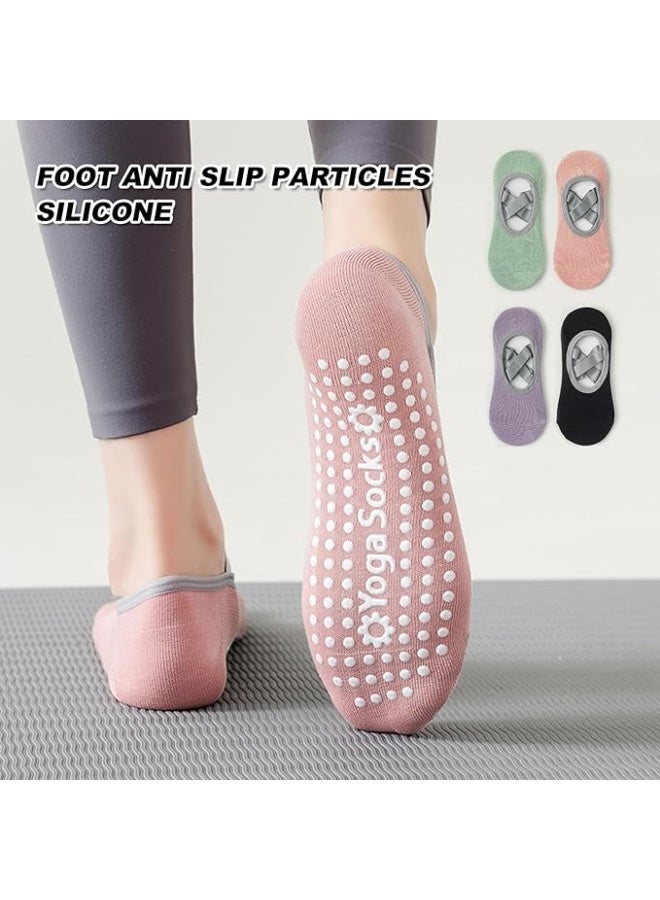KCDMBUE 4 Pairs Non-Slip Yoga Socks with Straps, Cotton Grip Socks for Women, Pilates Socks for Ballet, Barre, Dance, Workout, Fitness, Barefoot Exercise, Sweat Absorbing (Style 2) - Image 5