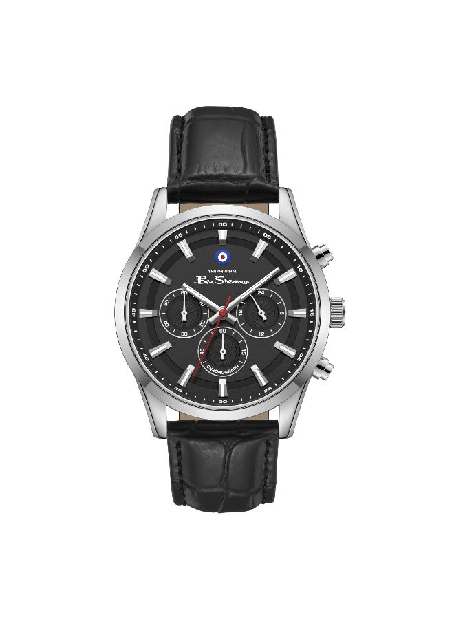 Ben Sherman Cambridge Black Dial Black Genuine Leather Strap Chronograph Watch for Men, 42mm - Image 1