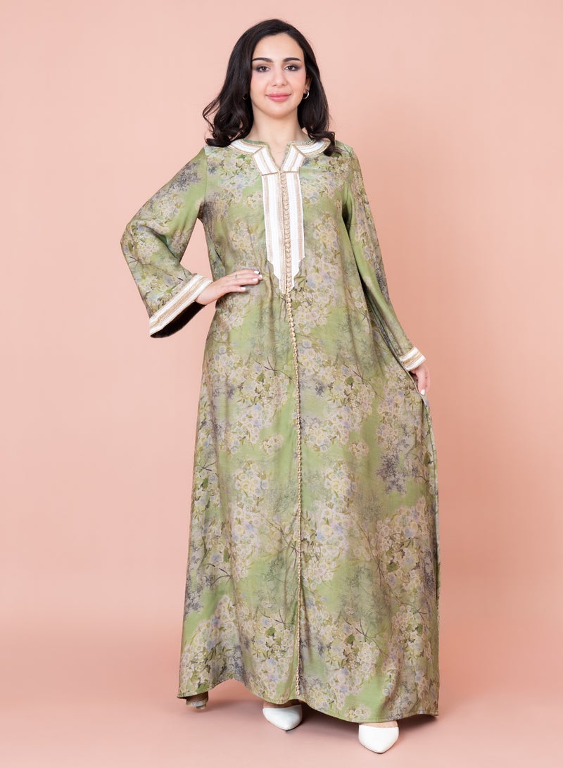 IKKXA Embroidered Floral Print Jalabiya IK1028 Grey - Image 1