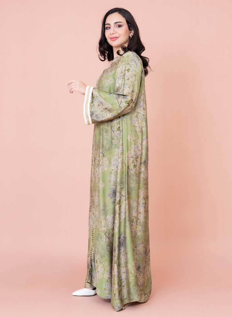 IKKXA Embroidered Floral Print Jalabiya IK1028 Grey - Image 3