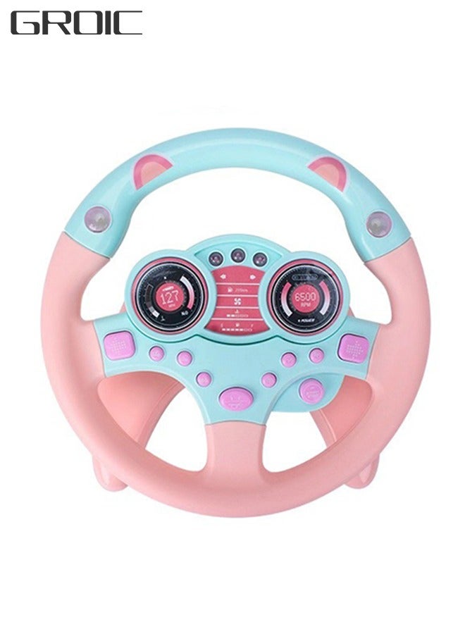 GROIC Rotating Steering Wheel Toy with Music and Light, Kids Steering Wheel for Backseat Learn Driver Pretend Driving Simulation Driving Steering Wheel Toy Portable Pretend Play Toy Gifts for Kids Pink  - Image 1