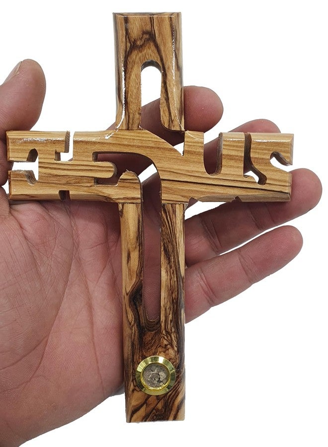 Zuluf 6" Olive Wood Wall Cross Christian Jesus Handmade Hanging Crucifix with Soil Dirt Holy Land Gift CRS007 - Image 1