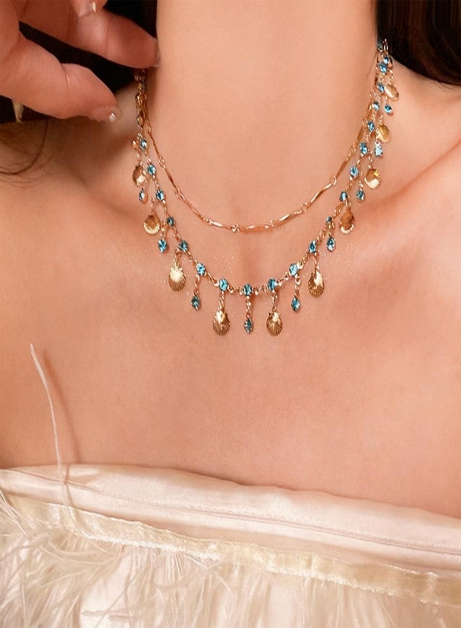 FFZDENA 1 Pcs Chains For Women Stylis, Elegant Layered Necklace For Woman, Blue Zircon Gold Shell Pendant Necklace, Invisible Necklace For Women, Trendy Jewelry For Office Wear And Casual Outings - Image 4