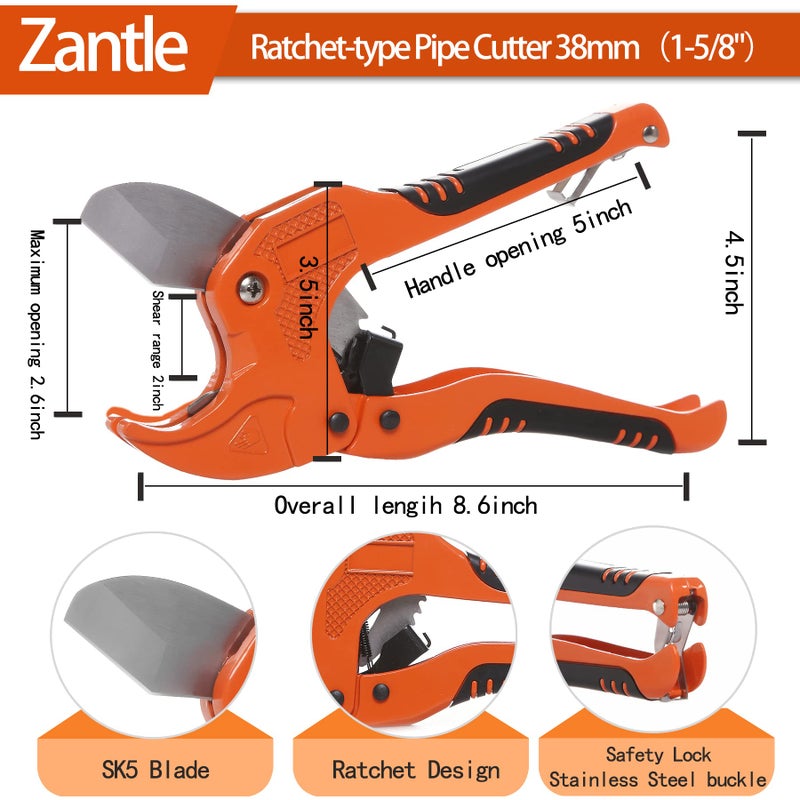 Zantle Ratchet-type Tube and Pipe Cutter for Cutting O.D. PEX, PVC, and PPR Plastic Hoses and Plumbing Pipes up to 1-5/8" inches, Ideal for Home Working and Plumbers (orange) - Image 2