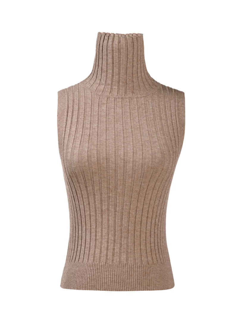 London Rag Sleeveless Rib Knit Turtle Neck Top in Brown
