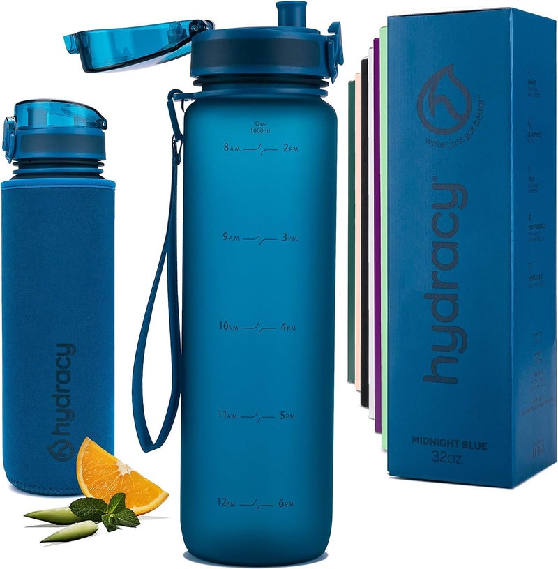Hydracy Water Bottle with Time Marker -Large 32 oz BPA Free & No Sweat Sleeve -Leak Proof Gym Bottle with Fruit Infuser Strainer & Times to Drink -Ideal Gift for Fitness Sports & Outdoors - Image 1