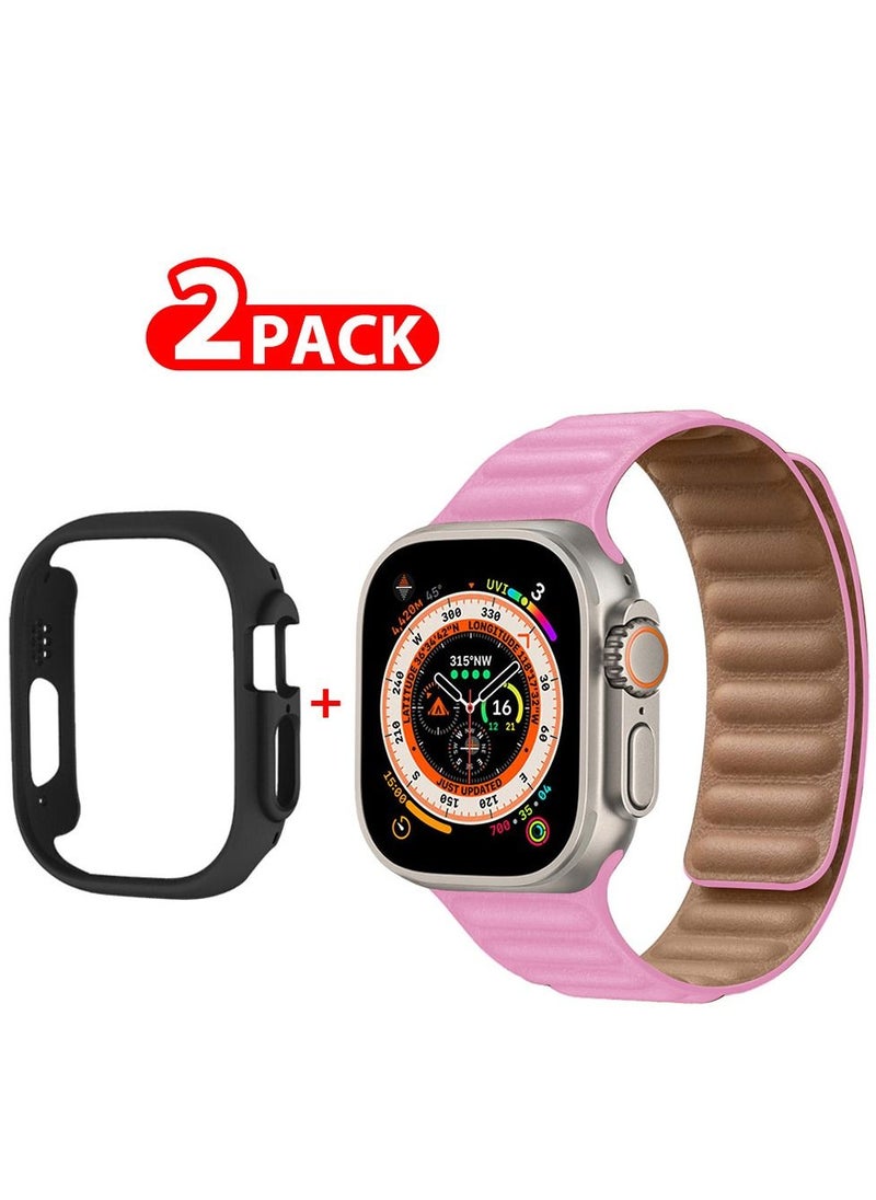 CATANES - 2 Packs For Apple Watch Band 49mm Leather Link Strap Magnetic Loop Bracelet and Black Cup Holder Pink - Image 1