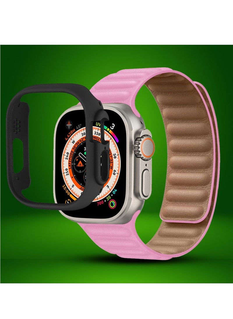 CATANES - 2 Packs For Apple Watch Band 49mm Leather Link Strap Magnetic Loop Bracelet and Black Cup Holder Pink - Image 1