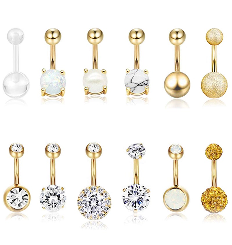 Masedy 12Pcs Belly Button Rings for Women Surgical Steel Curved Navel Barbell Rings Body Piercing Jewelry Gold