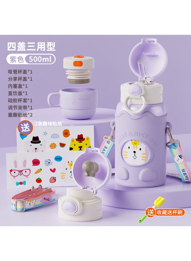 Cartoon Kidsren's Thermos Cup 316 Student Stainless Steel Water Cup Silicone Sleeve Straw Cup Portable Water Bottle