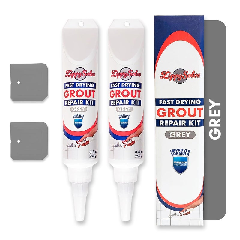 ZippySolve Tile Grout, Repair Kit, 2 Pack Grout Filler, Restore & Renew Tile Joints Line, Fast Drying Tile Grout Paint Squeeze Tube for Bathroom Shower Kitchen Floor, Waterproof (17.6 oz, Grey) - Image 1