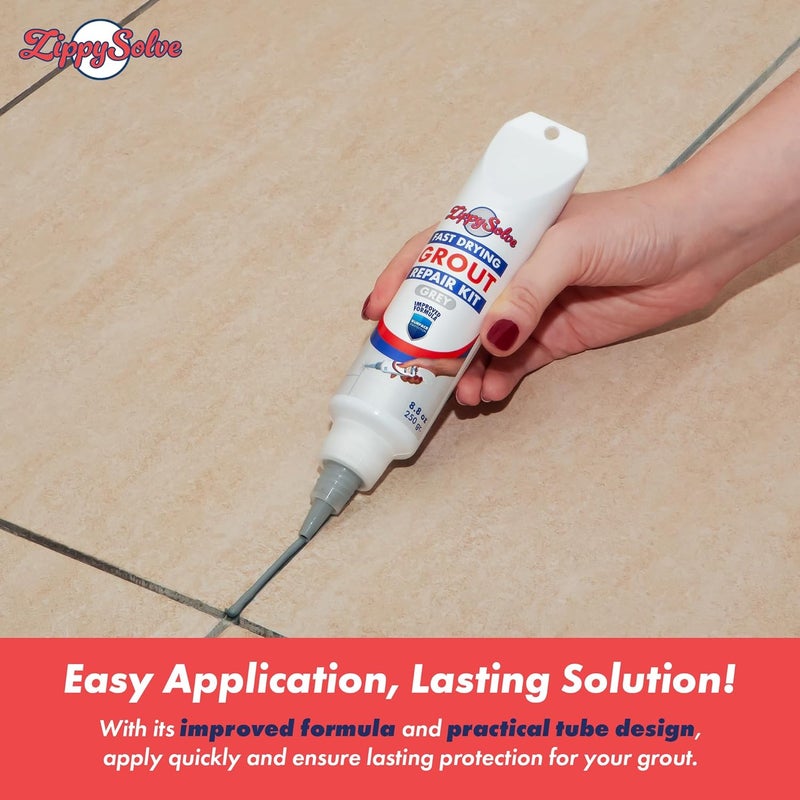 ZippySolve Tile Grout, Repair Kit, 2 Pack Grout Filler, Restore & Renew Tile Joints Line, Fast Drying Tile Grout Paint Squeeze Tube for Bathroom Shower Kitchen Floor, Waterproof (17.6 oz, Grey) - Image 4